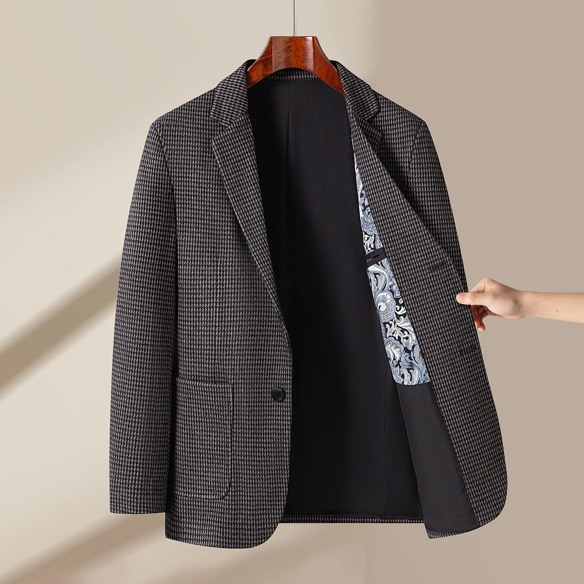 High-Quality Fashionable Plaid Knitted Elastic Fabric Single-Button Patch Pocket Men's Business Casual Suit Jacket