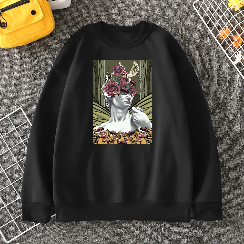 Fairycore Aesthetic Statue Creative Rose Mushroom Prints Man Hoodie Fashion Hip Hop Creativity Tops Fleece Warm Mens Sweatshirts