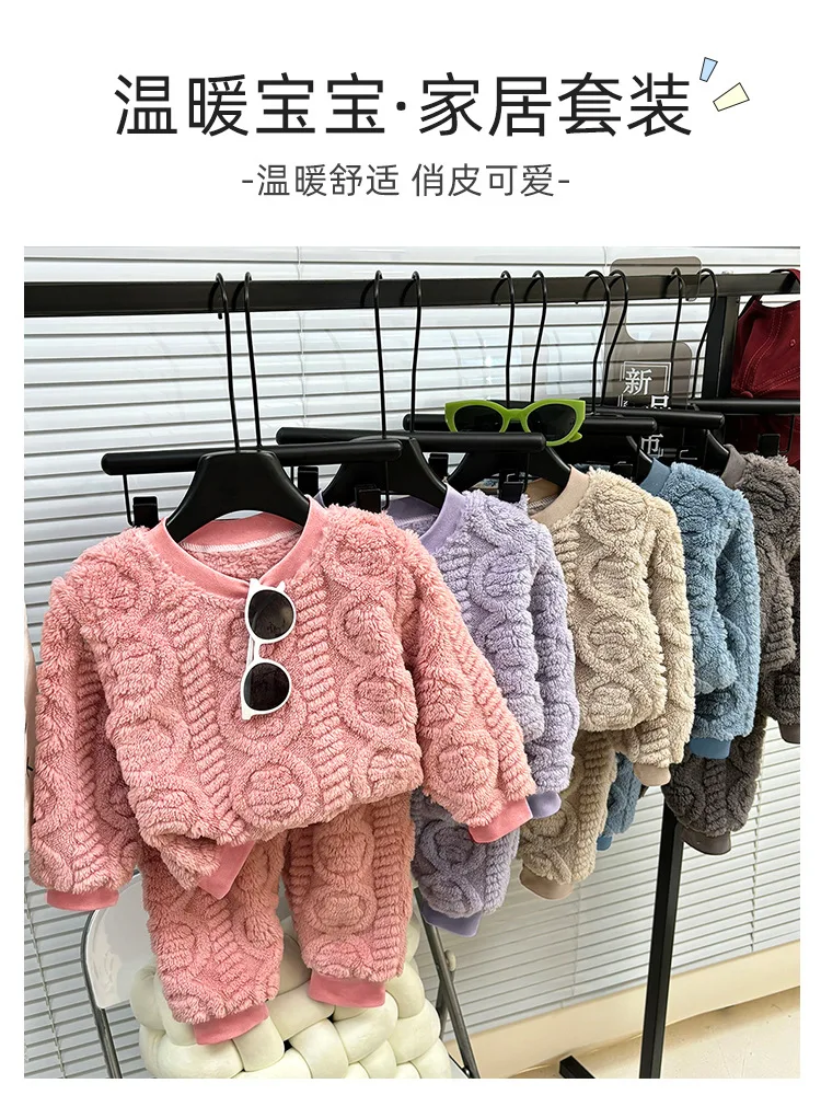 Herbst-Winter Kinder Thermo-Pyjama-Set aus Korallenfleece, Jacquard, warme Loungewear für Jungen und Mädchen, weiche, bequeme, verdickte Schlafkleidung – Detail 7
