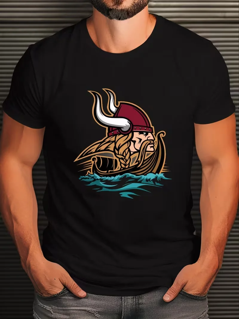 Plus Size Casual Polyester T-Shirt Geometric Viking Helmet Print Crew Neck Tee with Slight Stretch Fit Summer Top for Tall Sizes
