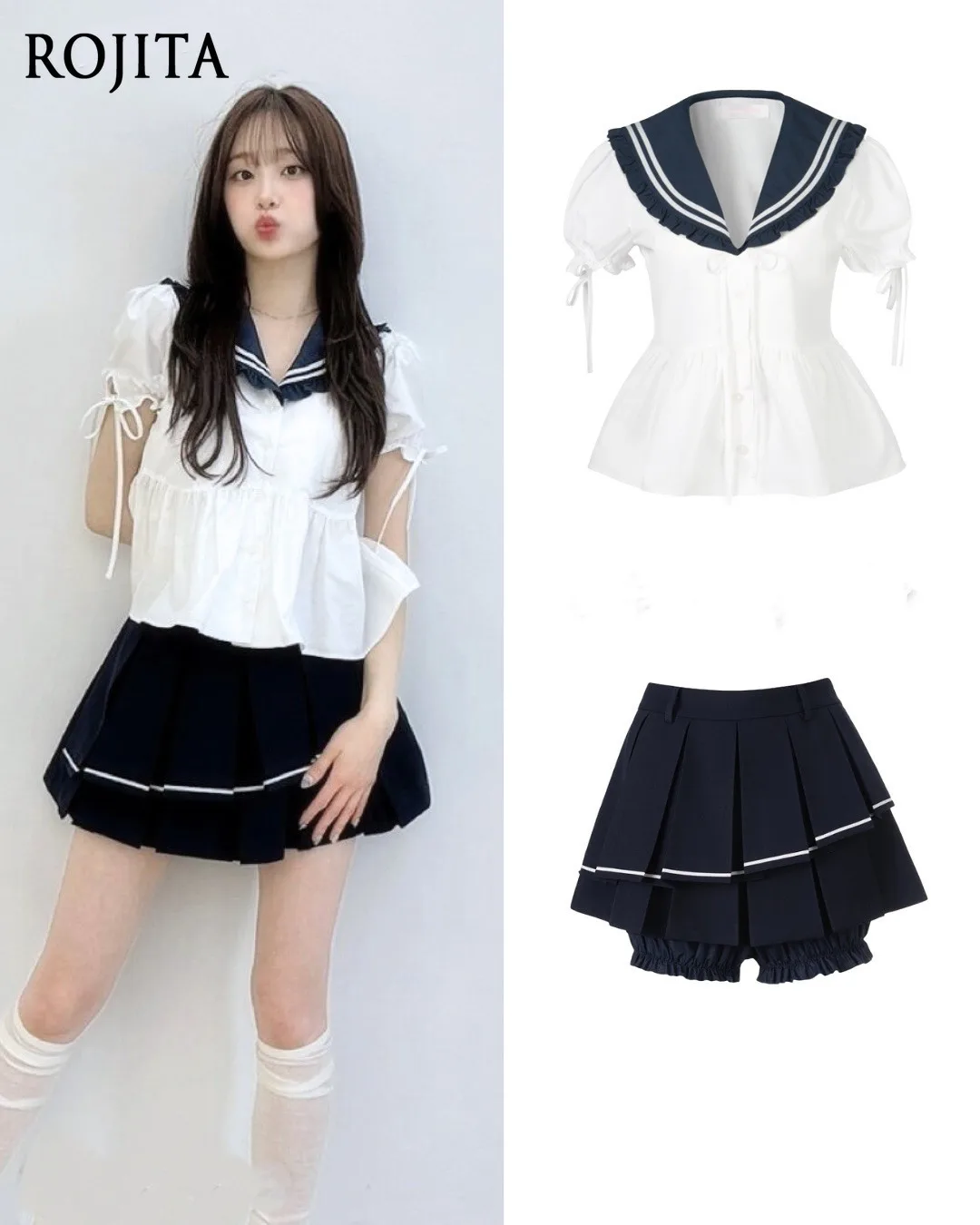

Korean Niche Design Summer New Navy Style Pink Short Sleeve Puff Sleeve Single-Breasted Shirt Pleated Skirt Skirt Pants