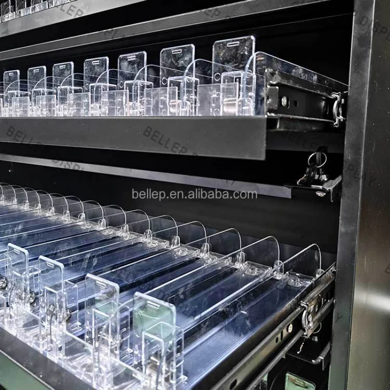 مخصص. حالات عرض متجر الدخان الحديثة قابل للقفل خزانة معدنية عرض الرف مع قفل