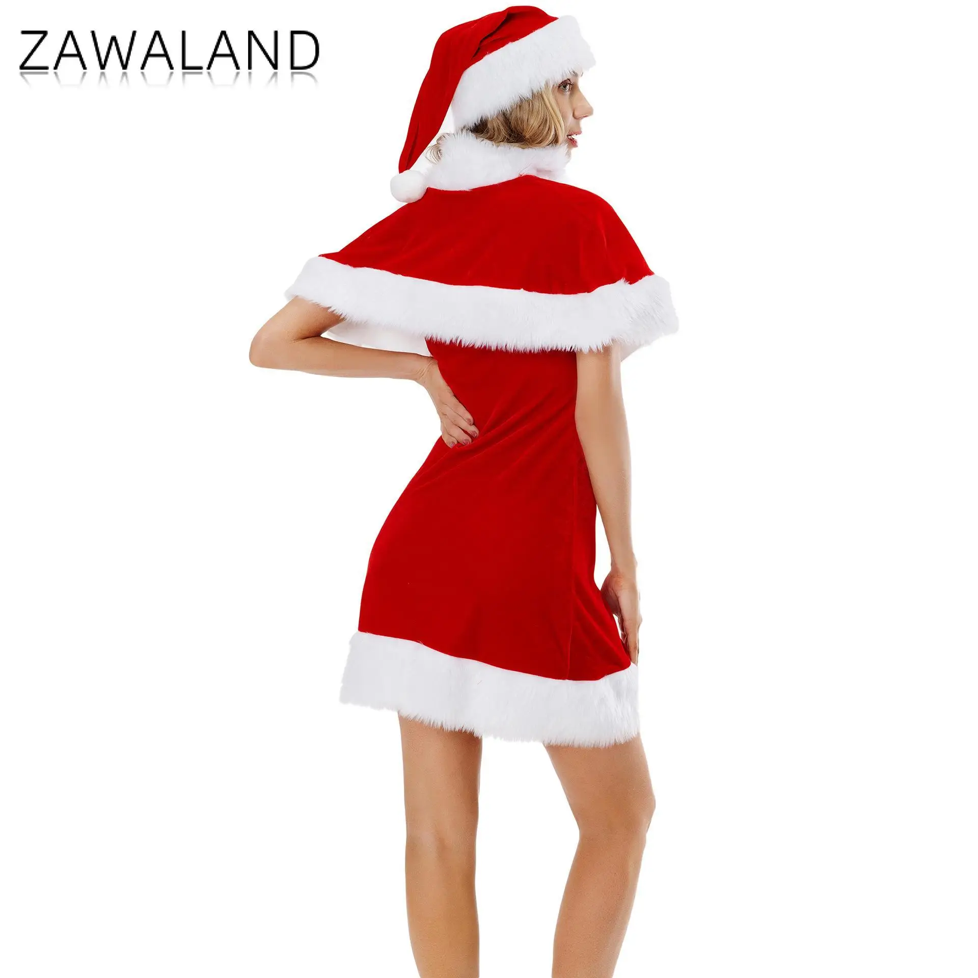 ZAWALAND فستان عيد الميلاد للنساء سانتا كلوز فستان تنكري كيب سانتا قبعة عطلة حفلة الزي الأحمر عيد الميلاد فستان بتصميم حالم ﻿