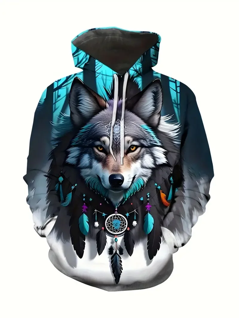 

Men's Hoodie Wolf Print Sweatshirts For Men Harajuku Hooded Shirt Pullover Casual Y2k Clothes Streetwear Male Top Men's Clothing