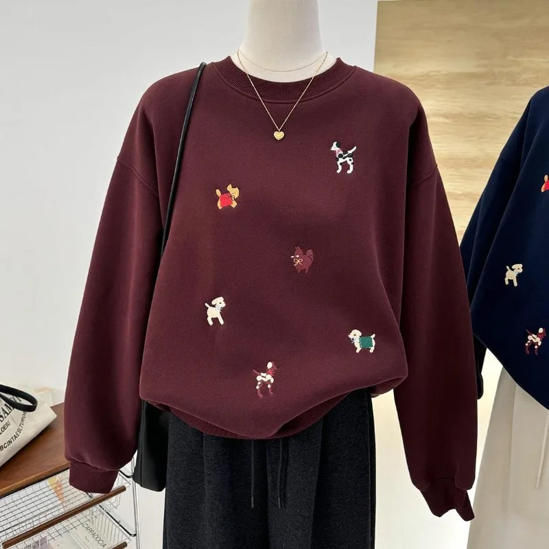 Women Fleece Crewneck Hoodie Casual Cartoon Embroidered cute Sweatshirt Loose Soft Breathable Warm Fashion Long-sleeved Pullover