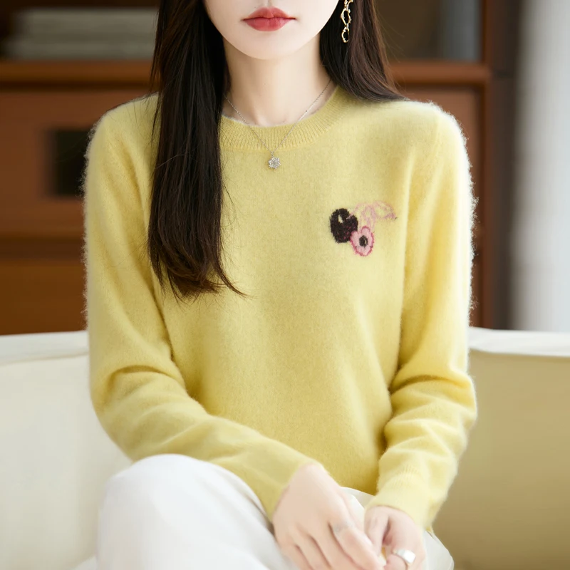 2025 Otoño/Invierno nuevo 100% suéter de lana pura con cuello redondo jersey de Jacquard bordado de punto para mujer Top suelto superventas para mujer