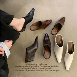 FHC  New Flower Square Toe High Heels Mules.Wedges Summer Shoes Soft Leather Slippers,Slides,35-40,Black,Brown,White,Dropship