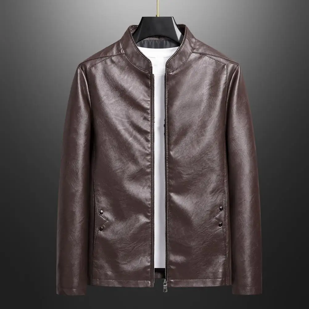 

Men Faux Leather Jacket Stylish Men's Imitation Leather Windbreaker Jacket with Stand Collar Zipper Closure Pockets for Men