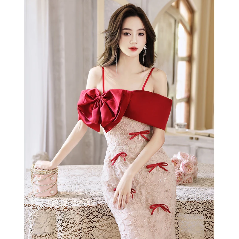 

French Style Bow Boat Neck Slip Evening Dress Floral Tulle Floor Length Fishtail Dresses Bow Collar Romantic Bride Gown Vestidos