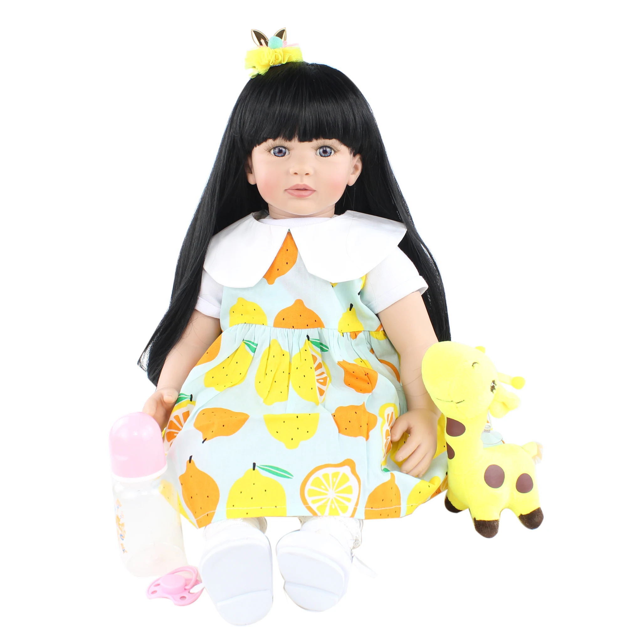 

60cm Silicone Reborn Baby Doll Toys For Girl Vinyl Black Long Hair Princess Toddler Dress Up Boneca Bebe Kids Birthday Gift