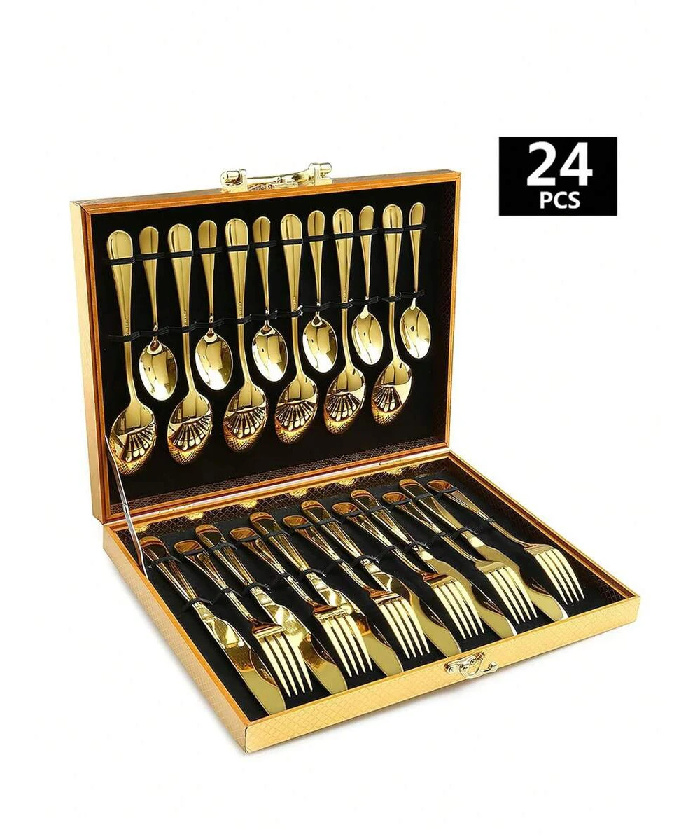 1010 Stainless Steel Cutlery Set, 16 Pieces, with Premium Wooden Box. Includes Dinner Knife, Fork, Spoon, and Teaspoon. High-qu