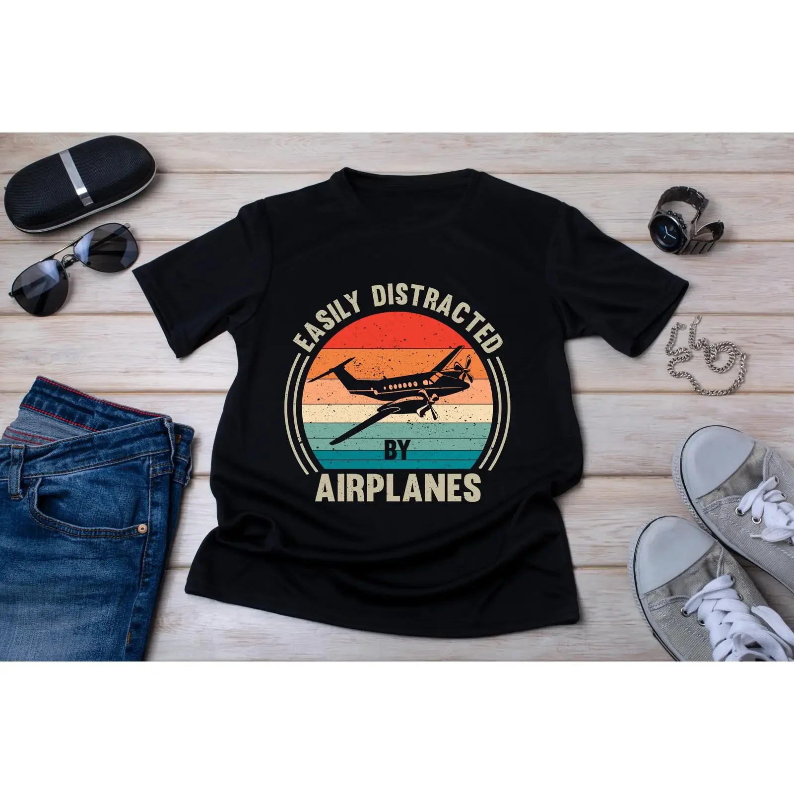 Easily Distracted by Airplanes T Shirt Vintage Aviator vintage Washed Stretched designer clothes Versatile fashion Slightly
