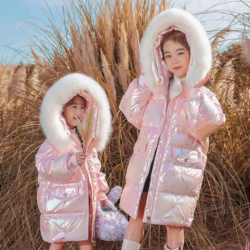 UNITIM INS Winter Children Down Jacket For Girl Embroidered Hooded Shiny Long Teenage Girl Outwear Coat 5-14 Years Kids Parka