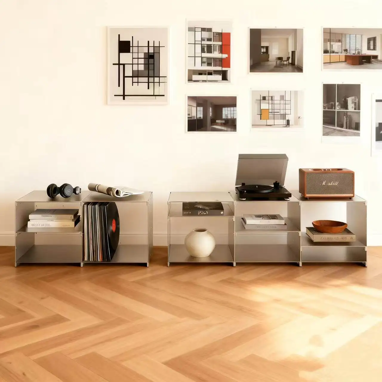 Modular combination stainless steel TV record player, sofa side, floor locker, storage display cabinet