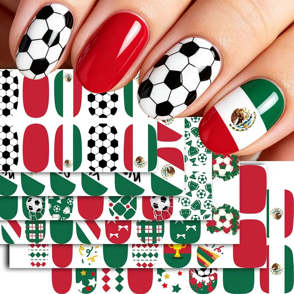 16Tips/Sheet 3D Mexico Flag Soccer Nail Stickers Football Pattern Self Adhesive Nail Decals DIY Sports Fan Nail Art Accessories