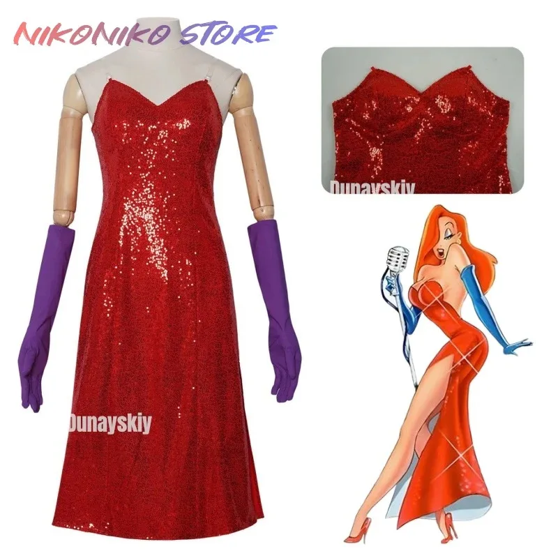 Rabbit Jessica Red Sequin Fancy Dress Costumes Halloween Carnival Dress Ladies Nightclub With Gloves Takerlama