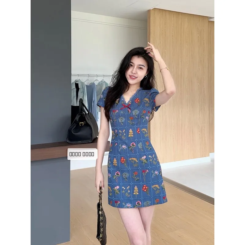 

Zhang a Xing Floral House Girl Embroidered Lace Patchwork Waist Cinched Dr Casual High Waist Linen ort Sve V Ne a L...