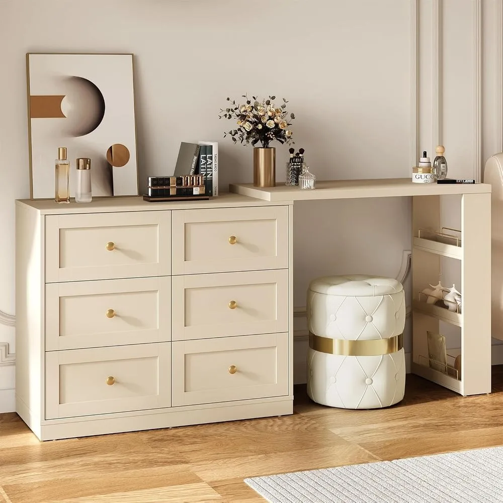 67 مكتب زينة للمكياج قابل للتوسيع مع أدراج و3 أرفف، مجموعة طاولة تزيين خشبية لغرفة النوم، بيج #1