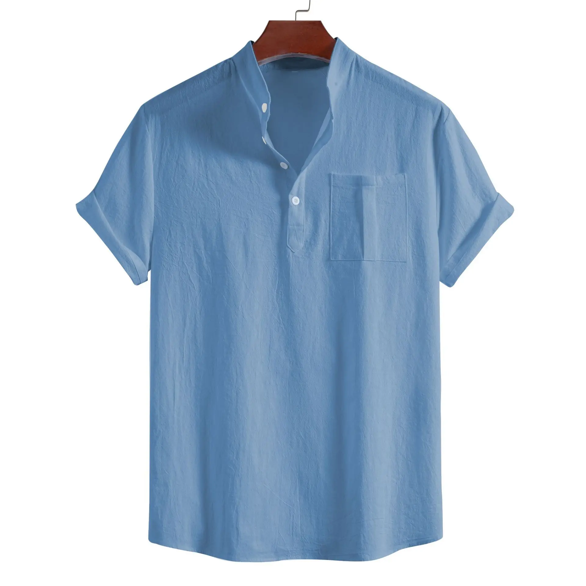 Men's Summer Casual Solid Color Pocket Thin Short-sleeved Loose Breathable Stand-up Collar Pullover Shirt