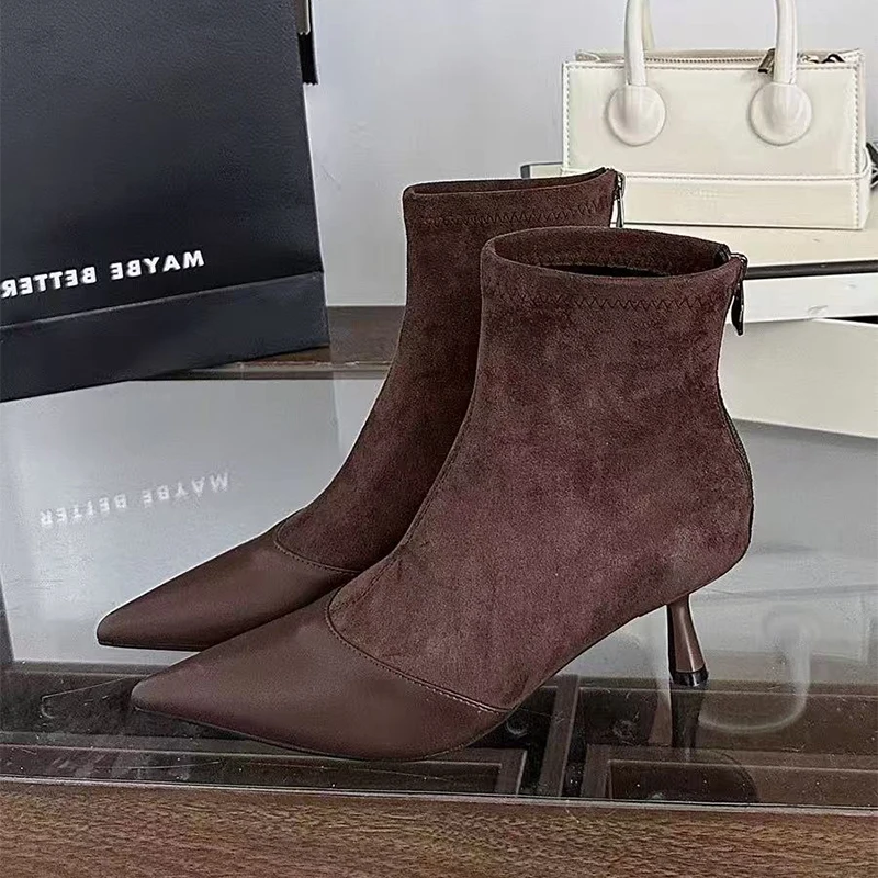 

Элегантные женские ботинки на высоком каблуке, туфли с острым носком, короткие ботинки «Челси», зима 2025, сексуальные модельные туфли-лодочки, модные туфли на молнии Mujer De Botas