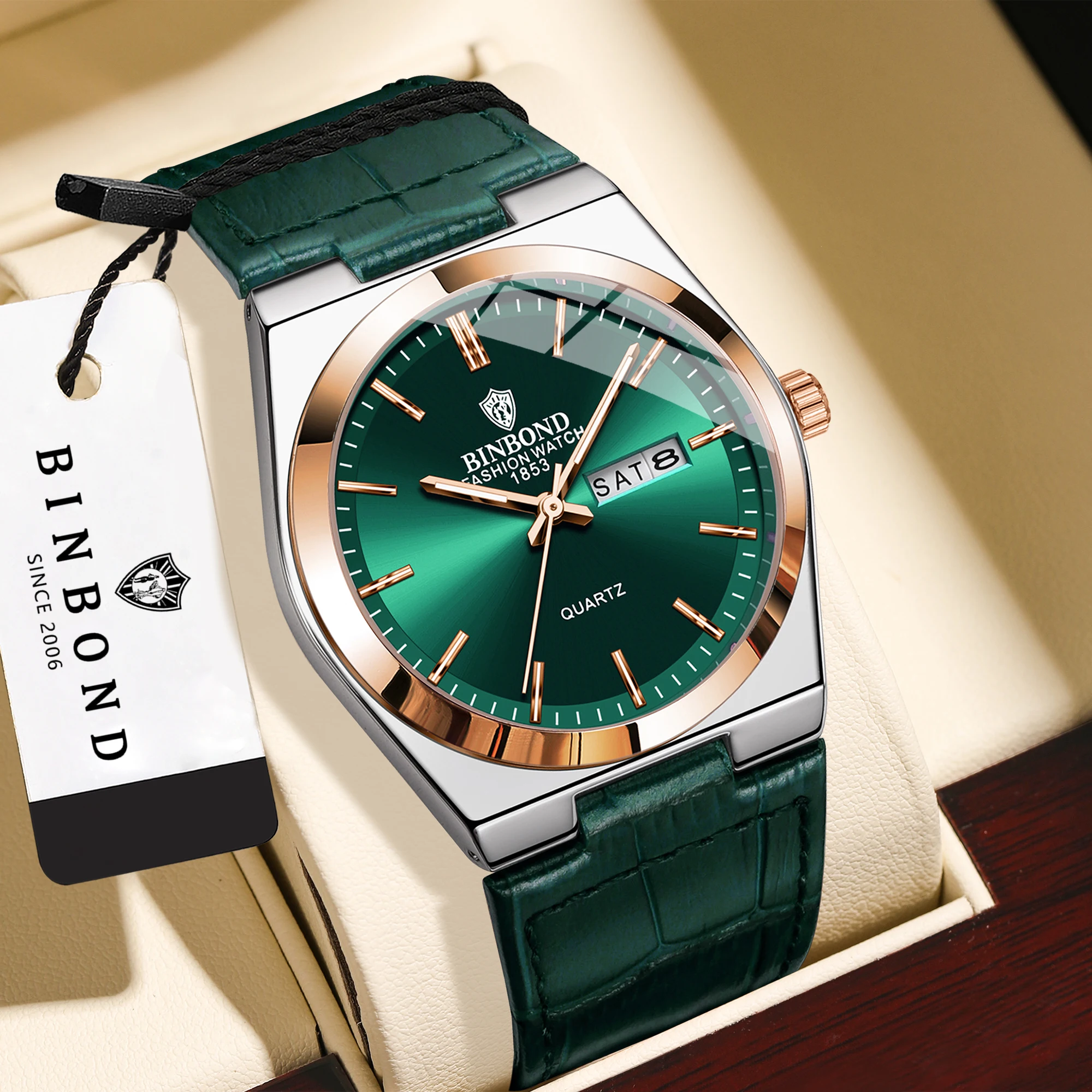 BINBOND Durable Men's Watch Reloj Leather Strap Luxury Quartz Wristwatches Precise Luminous Waterproof Auto Date Week Display