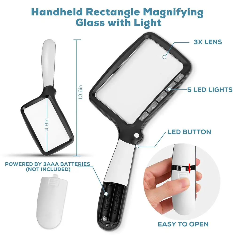 3X Folding Handle Magnifying Glass with Dimmable LED Lights Illuminated Large Reading Magnifier for Seniors with Newspaper Books