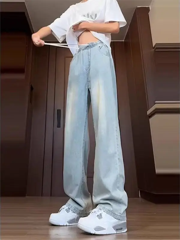 

Американские джинсы свободного прямого кроя для мужчин, летние повседневные длинные брюки, модные классические синие джинсы для мальчиков