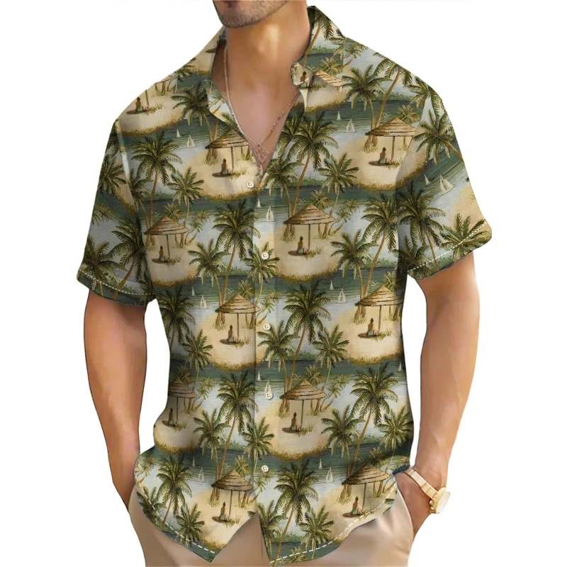 Summer Men's Shirt Coconut Tree Print Short Sleeve Tops Retro Casual Hawaiian Shirts For Men Loose Oversized 2024 New Top