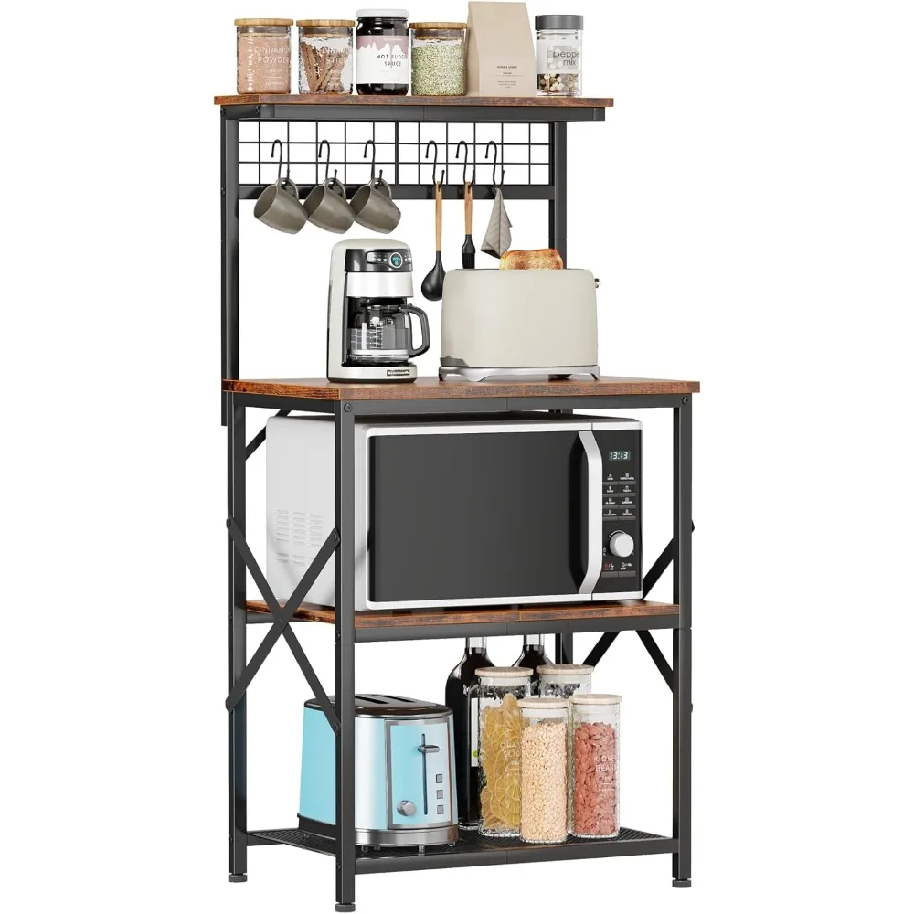 

Furniture Kitchen Baker's Rack with Storage Hutch, 4-Shelf Coffee Bar, Microwave Stand Featuring 6 Hooks and Pegboard Accessorie