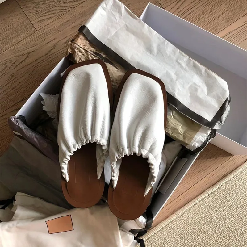 

Women's Genuine Leather Shoes Ladies' Slippers Cover Toe Low Soft Flat Square Concise Hoof Heels Fabric Slides PU Rubber Sewing