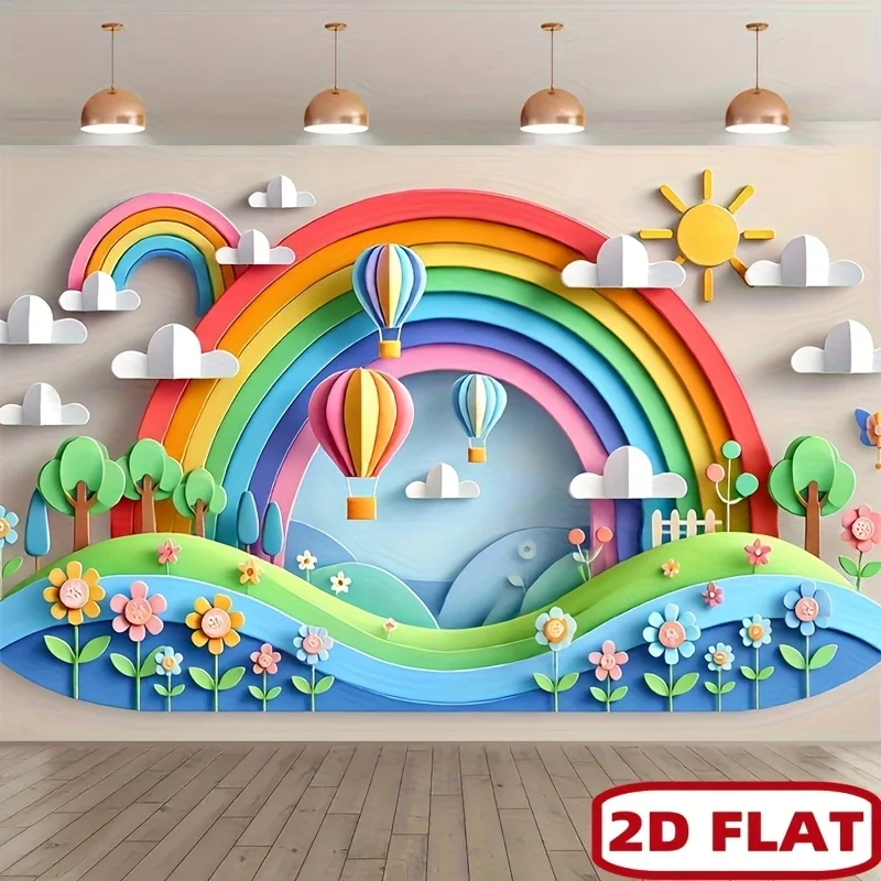 2D Flat lay, 1 pieza de arte de pared de arco iris vívido con globo aerostático y sol - fondo colorido de poliéster 2D