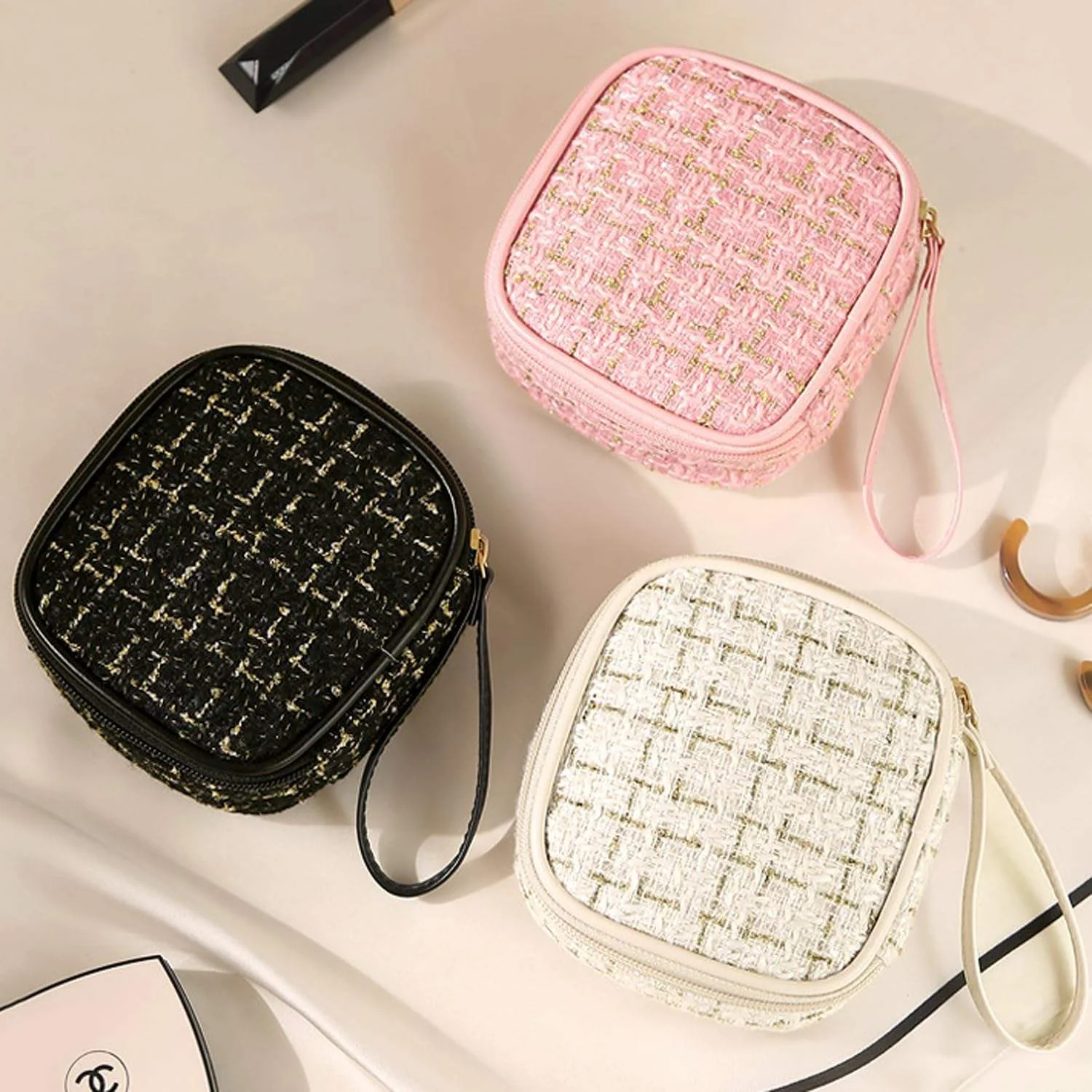 

Маленькая многофункциональная клетчатая твидовая косметичка для женщин и девочек, портативный уличный дорожный органайзер для макияжа, мини-сумка для губной помады на молнии