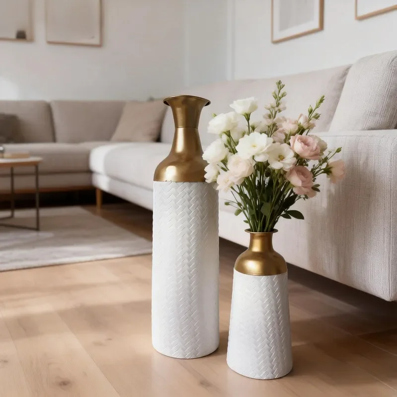 Black and Gold Contrasting Wrought Iron Floor Vase High End Light Luxury Style Flower Arrangement for Living Room Entrance