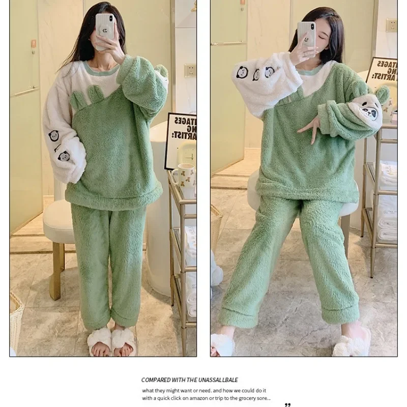 5XL Plus Size Thickened Pajamas Women Winter Warm Soft Flannel Sleepwear Coral Velvet Cute Cartoon Padded Nightwear Home Clothes