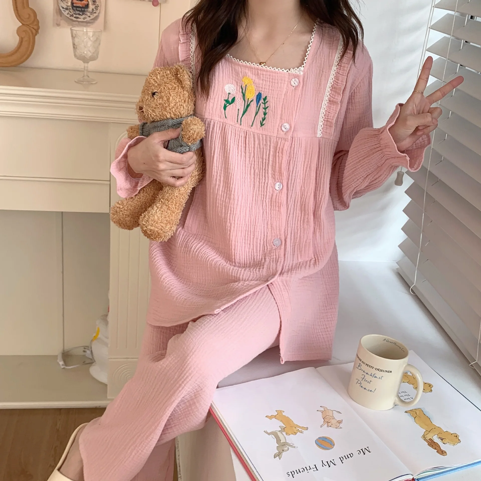 Fdfklak Maternity Nursing Sleepwear Long Sleeve Pregnant Lady Cardigan Pajamas Suits Postpartum Woman Cotton Spring Autumn