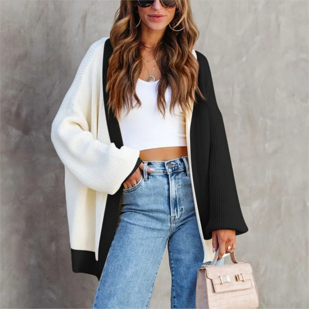 Women's Long Sleeved Mid Length Knitted Tops 2024 Autumn/winter New Item Color Blocking Splicing Loose Shawl Sweater Cardigan