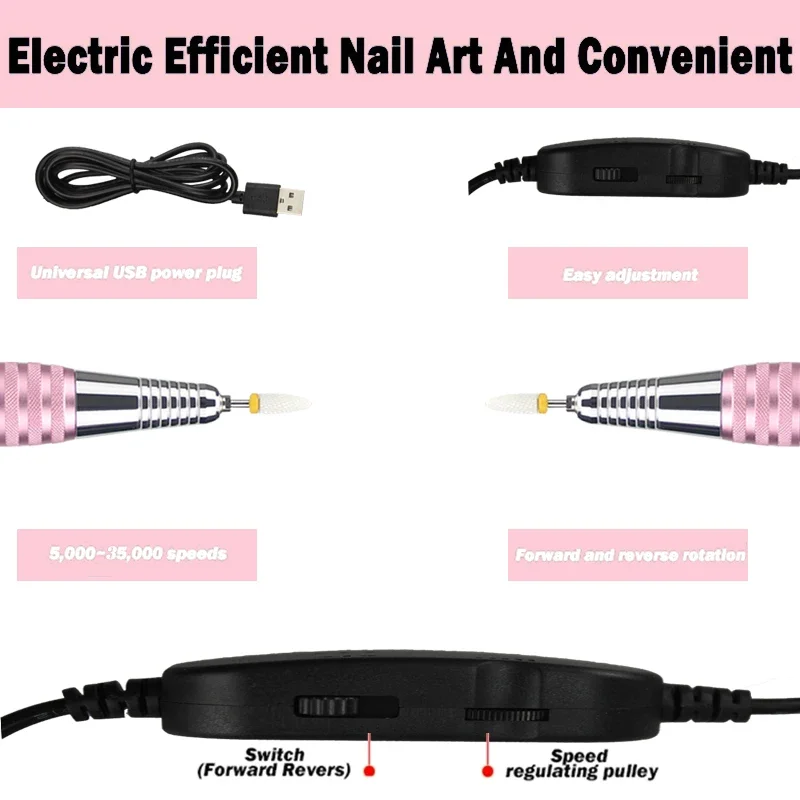 Electric Nail Drill Machine, USB Portable Nail Drill Pen, Gel Polish Milling Files, Bit Tool Set, 35000 RPM