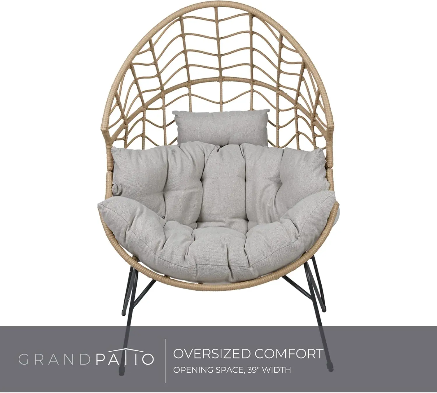 Grand patio Boho Stationary Wicker Egg Chair, Outdoor Wicker Nordic Oversized Egg Chairs with Cushion Backyard Back Porch, Tan