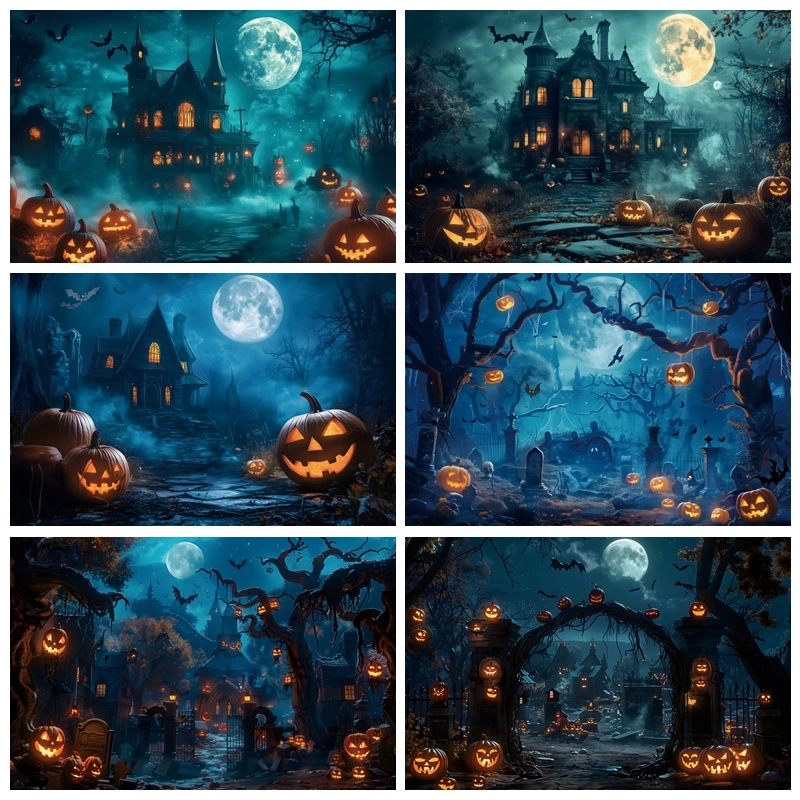 

Full Moon Night Halloween Backdrop Photography Scary Castle Forest Pumpkin Lanterns Baby Photo Photographic Background Studio