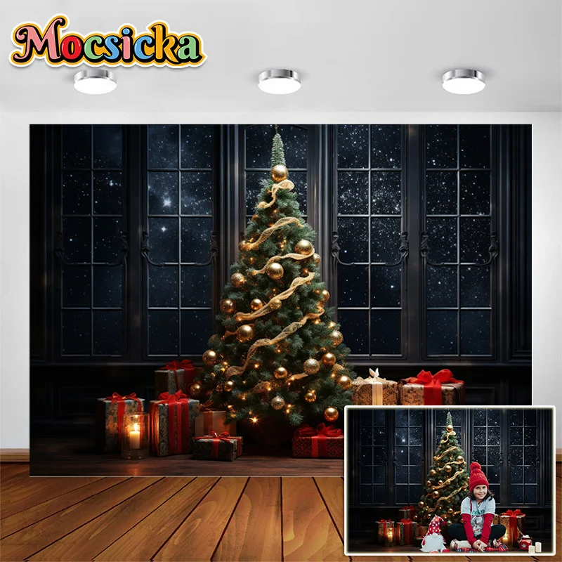 Newest Photo Background Dark Nights Christmas Trees String Lights Photography Backdrop Kids Adult Portrait Photo Studio Decor