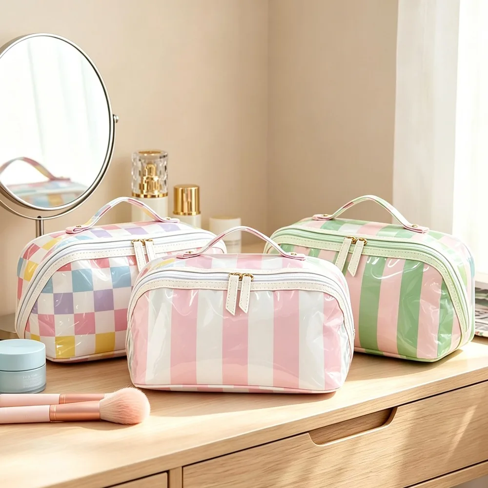 Waterproof PVC Makeup Bag Dual Zipper Checkerboard Striped Cosmetic Storage Bag Travel Large Capacity Travel Toiletry Bag