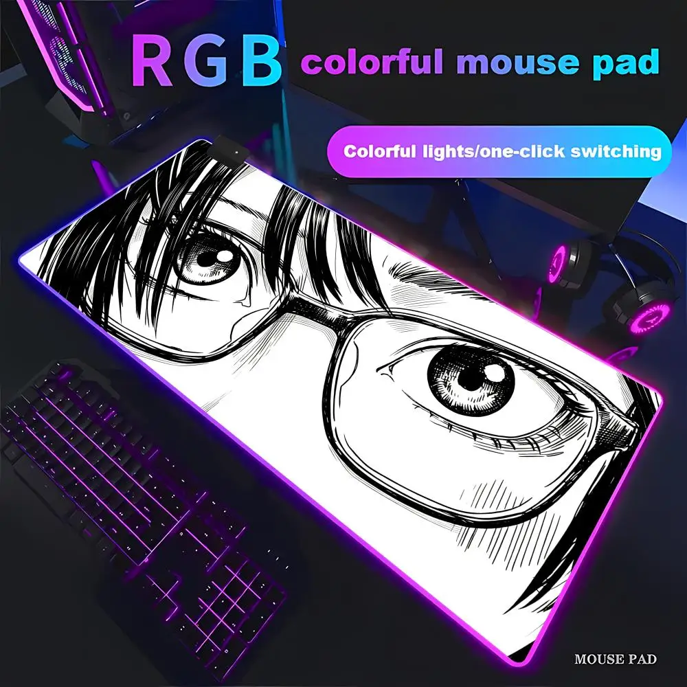 

HYBXAXC Anime Girl with Glasses Desk Mat, Manga Eyes Mousepad, Black and White Megane Aesthetic, RGB HD Gamer LED PC Computer