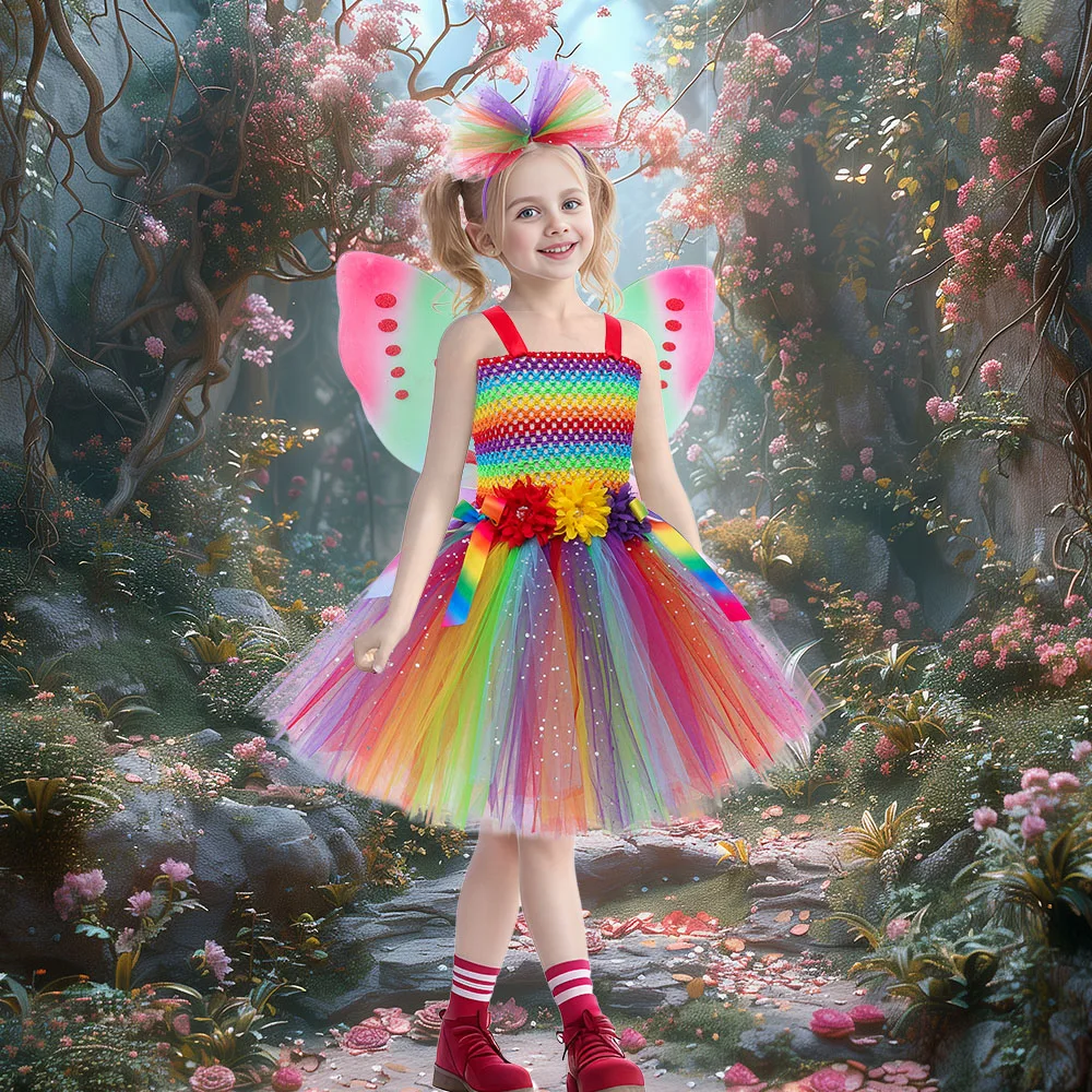 

Sparkly Rainbow Girls Flower Dress Princess Butterfly Fairy Costume Tutu Dress Girl Photo Props Christmas Gift Kids Halloween