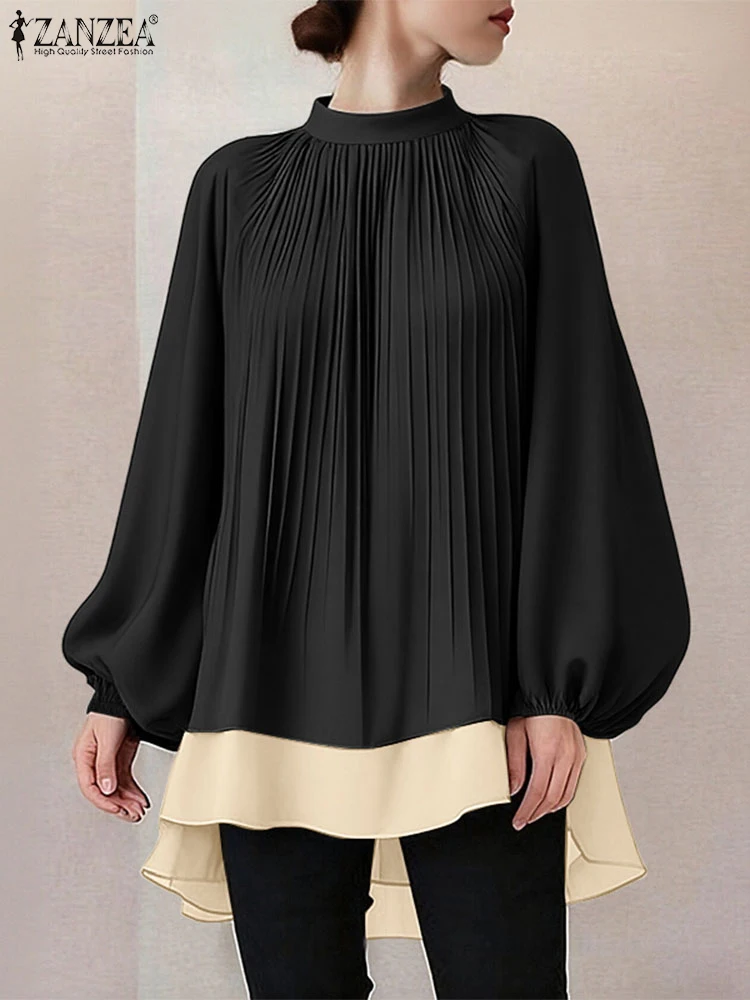 

ZANZEA Stylish Autumn Long Lantern Sleeve Tops 2025 Women Patchwork Blouse Fashion Work Shirt Solid Pleated Pullover Mujer Femme