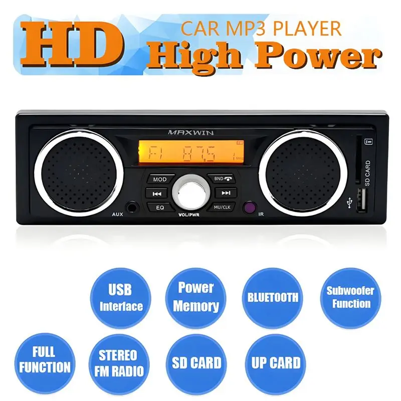 Compact 1 Din Car Radio MP3 Bluetooth Hands-Free Call Car Stereo Built-In With 2 Speakers Supports FM USB AUX