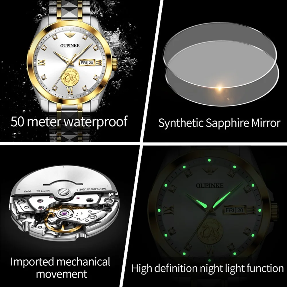 ﻿ OUPINKE 3259 Męski zegarek automatyczny zegarek mechaniczny ﻿   Wodoodporne zegarki ze stali wolframowej dla mężczyzn Zegarek z podwójnym kalendarzem Prawdziwe złoto