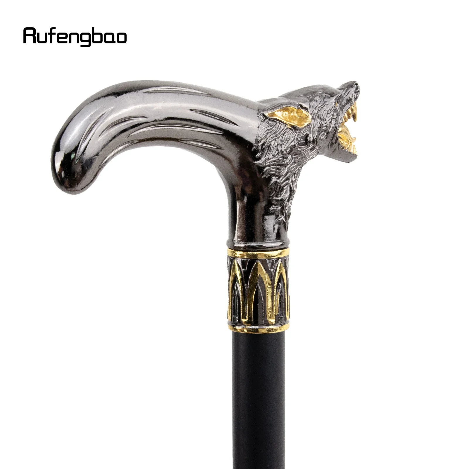 Golden Black Wolf Head Biting Walking Cane Fashion Decorative Walking Stick Gentleman Elegant Cosplay Cane Knob Crosier 93cm