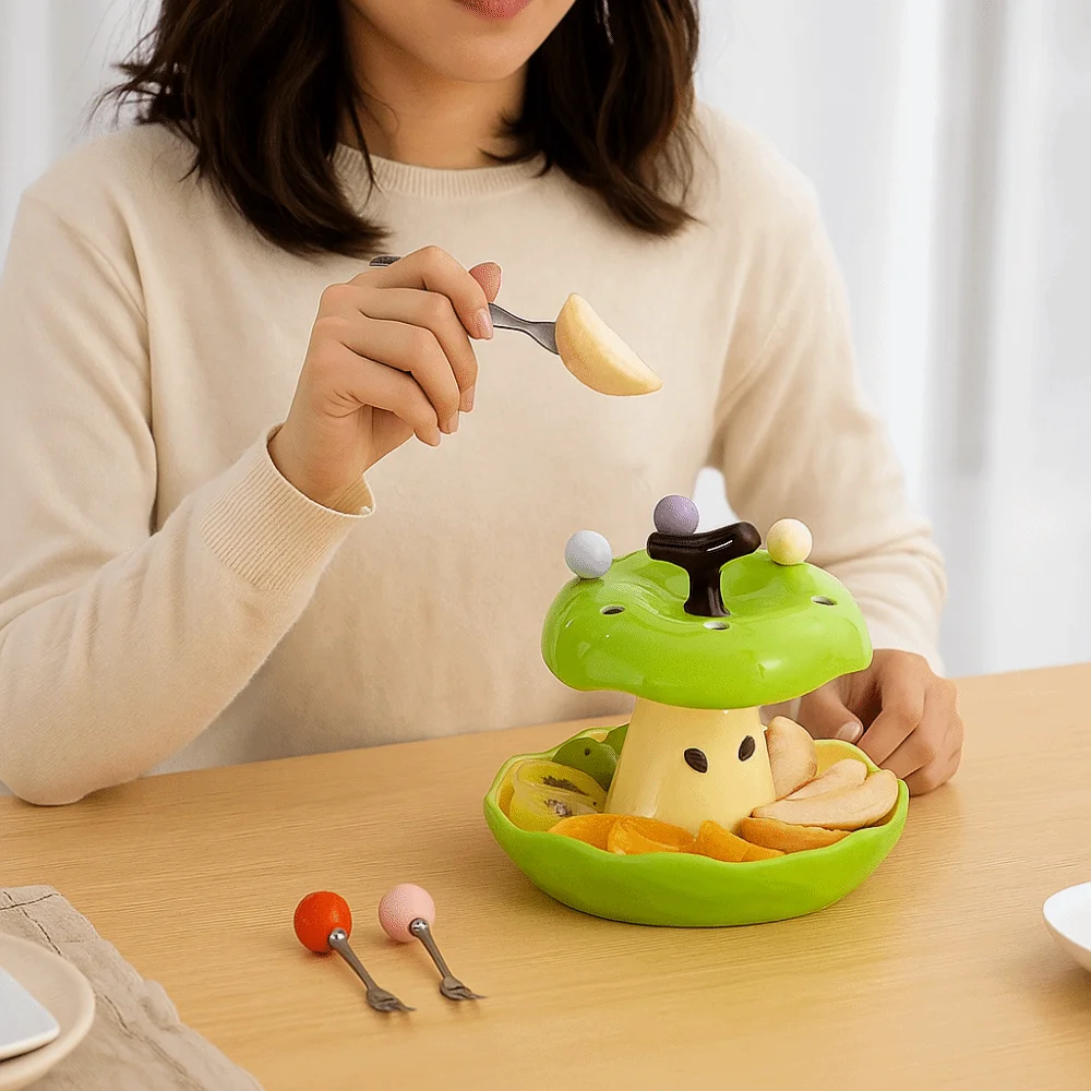 

Creative Colorful Fruit Fork Plate Set Comfortable Grip Decorative Dessert Fork with Holder Household Ceramic Holder