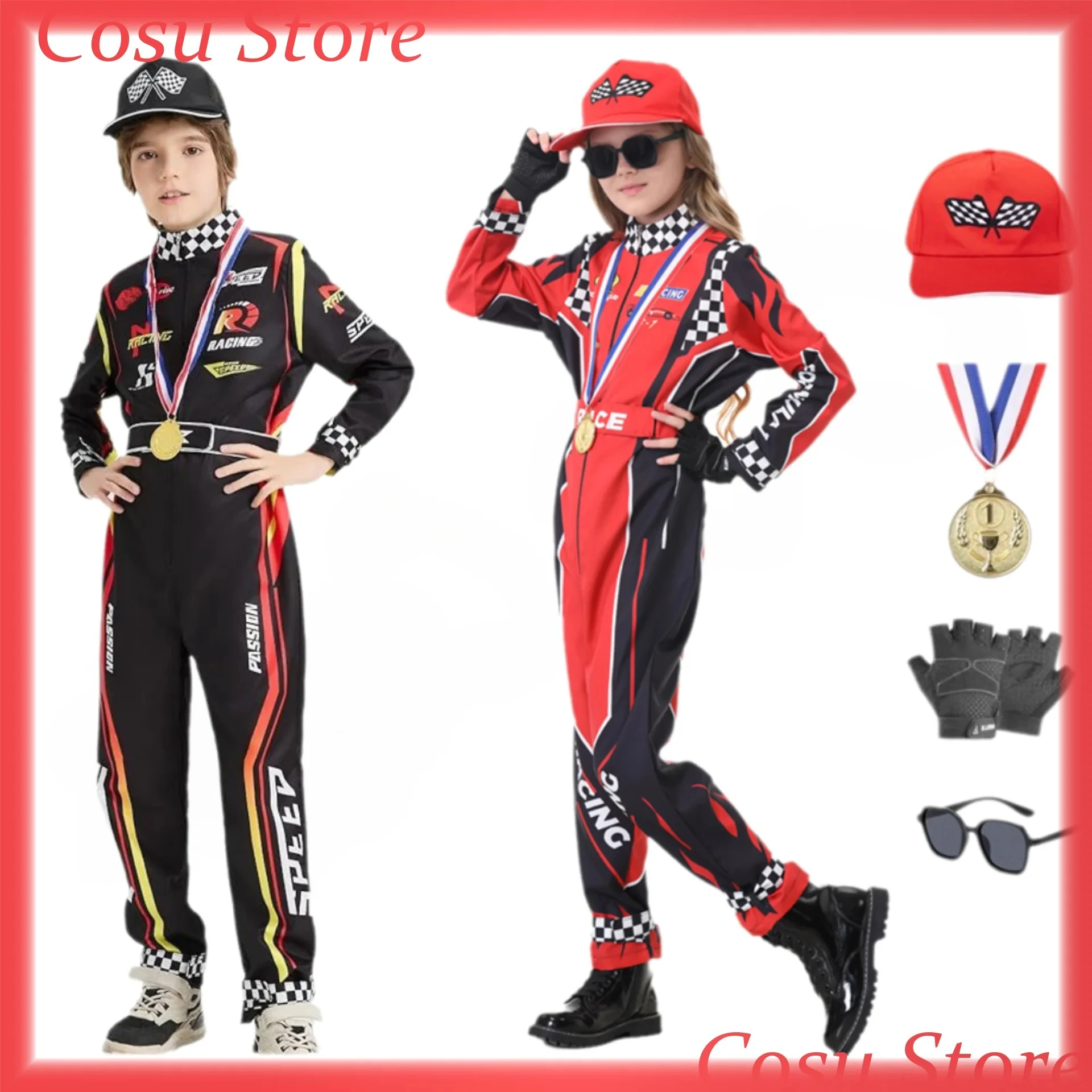 Costume de pilote de voiture pour garçons, combinaisons sur le thème de la course, vestes de pilote, casquette rouge pour enfant, déguisement pour Halloween et carnaval