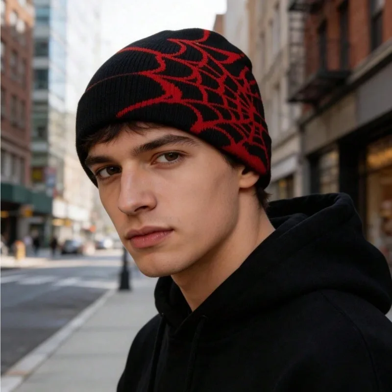 Spider Web Knit Beanie Black & White Jacquard Design Warm Cold Weather Hat for Goth Punk Y2K & Street Style